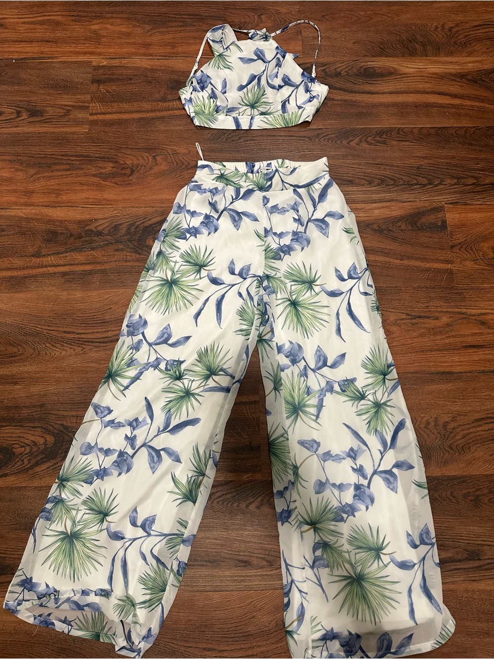 High-Waist Wide Leg Floral Pants - White with Blue & Green Print